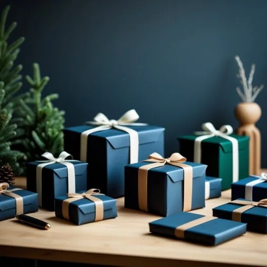 Professionelt billede af en pakkekalender til mænd med gaver, der symboliserer forskellige interesser og hobbyer.